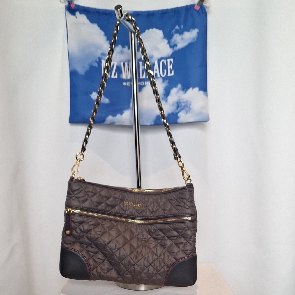 MZ Wallace Quilted Black Shoulder Bag With Gold Chain And Leather Strap